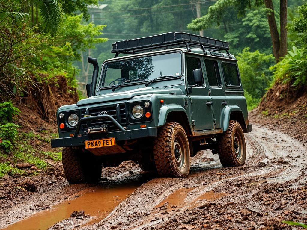4x4 vehicle demonstrating off-road capability on a muddy trail 4x4 vehicle demonstrating off-road capability on a muddy trail