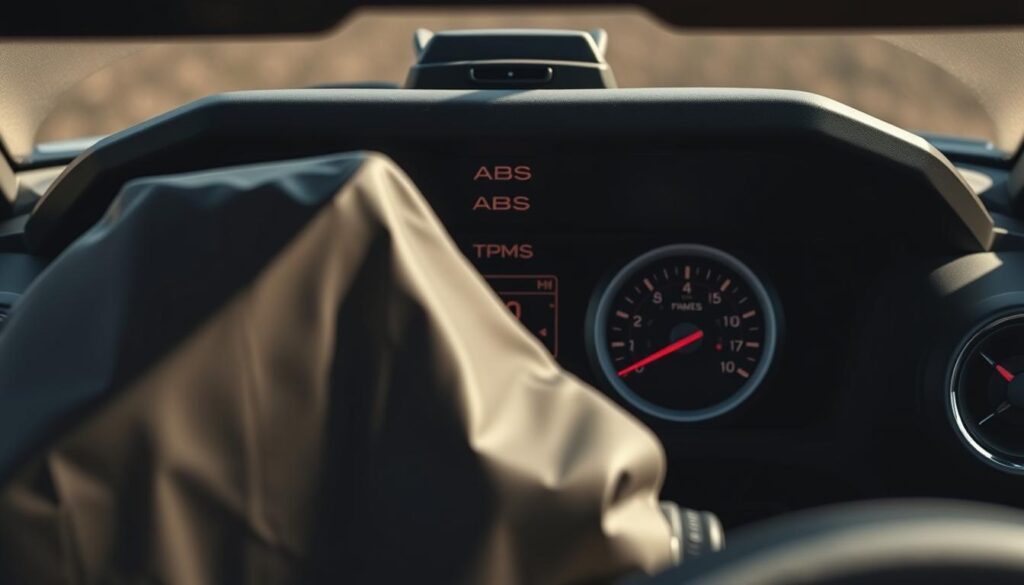 A close-up view of the dashboard of a rugged off-road vehicle, showcasing its advanced safety features. In the foreground, a sleek airbag system is prominently displayed, its protective mechanism ready to deploy in the event of a collision. The middle ground features the anti-lock braking system (ABS) and tire pressure monitoring system (TPMS) indicators, highlighting the vehicle's enhanced control and stability. The background is rendered with a soft, muted tone, emphasizing the technical details and the vehicle's overall robust construction. The lighting is natural and directional, casting subtle shadows that accentuate the curves and contours of the dashboard elements. The overall composition conveys a sense of confidence and reassurance in the vehicle's safety capabilities.