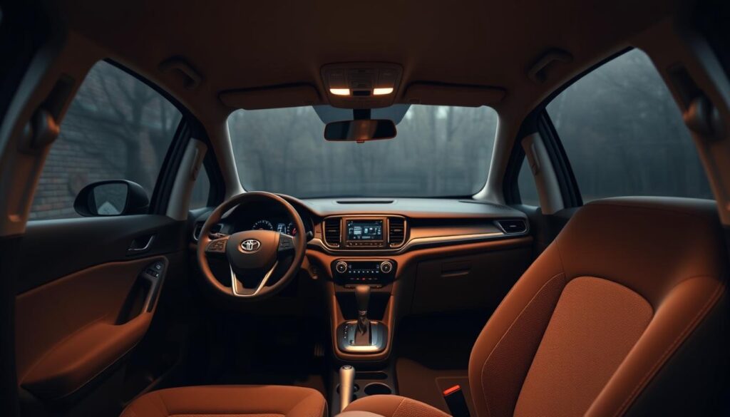 A cozy and inviting interior of a compact hatchback car, with plush upholstery and soft lighting. The cabin is filled with a sense of comfort and relaxation, creating a tranquil atmosphere. The dashboard features a clean, modern design with intuitive controls, while the seats offer ample support and cushioning. Warm tones of beige and brown predominate, complemented by subtle accents of silver and chrome. The overall impression is one of a well-appointed, premium-feeling space that prioritizes the driver and passenger's comfort and enjoyment of the journey.
