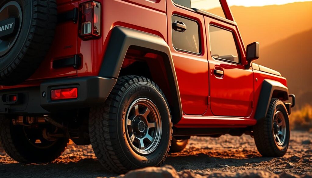 A detailed, close-up view of the iconic Maruti Suzuki Jimny, showcased in a rugged outdoor setting. The compact 4x4 SUV is presented in a vibrant, eye-catching color, its boxy, retro-inspired design highlighted by crisp lighting that accentuates the sharp lines and muscular stance. The Jimny is positioned in the foreground, with a natural landscape of rolling hills or mountains in the background, creating a sense of adventure and exploration. The lighting is a combination of warm, golden tones and cool, directional shadows, lending depth and dimension to the scene. The overall mood is one of capability, excitement, and the thrill of conquering challenging terrain.