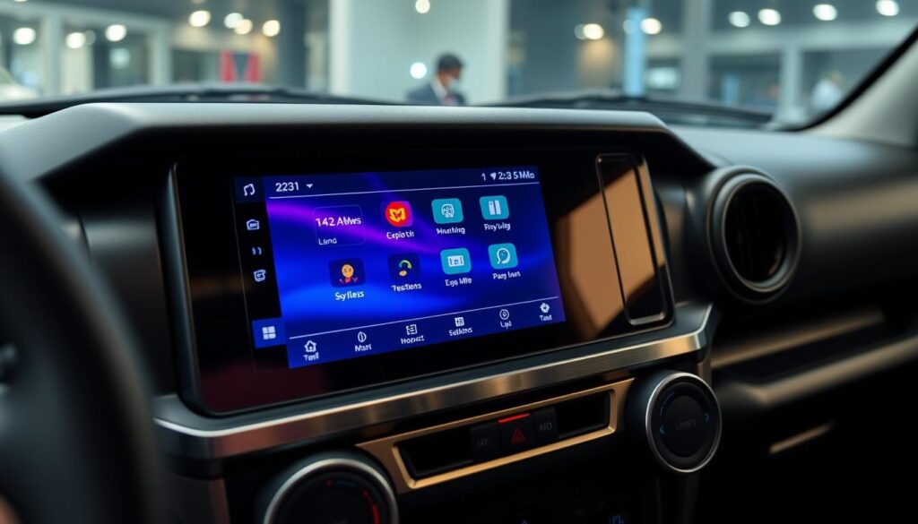 A detailed close-up view of the touchscreen infotainment system inside the Maruti Suzuki Jimny 4x4 SUV. The screen is large, bright, and crisp, with vivid colors and intuitive controls. The dashboard has a sleek, modern design with brushed metal accents. Soft ambient lighting illuminates the interior, creating a premium, high-tech atmosphere. The camera angle is slightly angled to showcase the touchscreen's responsiveness and visual clarity. The overall impression is of a sophisticated, user-friendly technology suite that complements the Jimny's rugged, off-road capabilities.