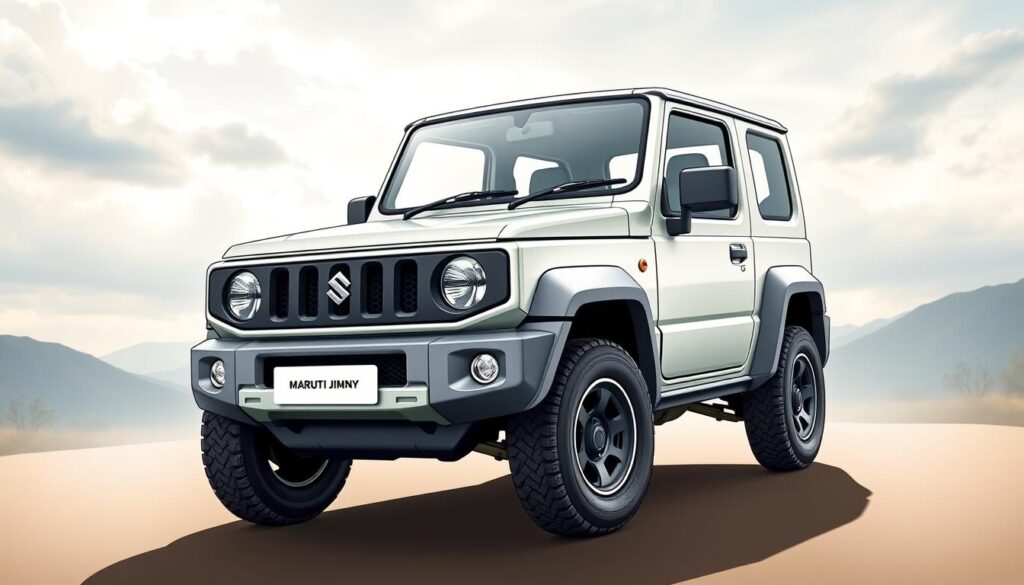 A detailed, high-quality illustration of the Maruti Jimny compact SUV, showcasing its key pros and cons in a clean, minimalist style. The foreground depicts the Jimny's rugged, boxy design with prominent fender flares, round headlights, and a prominent grille. The middle ground highlights the Jimny's capable off-road performance with detailed suspension components and knobby tires. The background features a serene, natural landscape with mountains and a cloudy sky, emphasizing the Jimny's outdoor-oriented character. The lighting is soft and diffused, creating an evocative, almost cinematic mood. The overall composition is balanced and visually striking, drawing the viewer's attention to the vehicle's key attributes without distracting text or overlays.