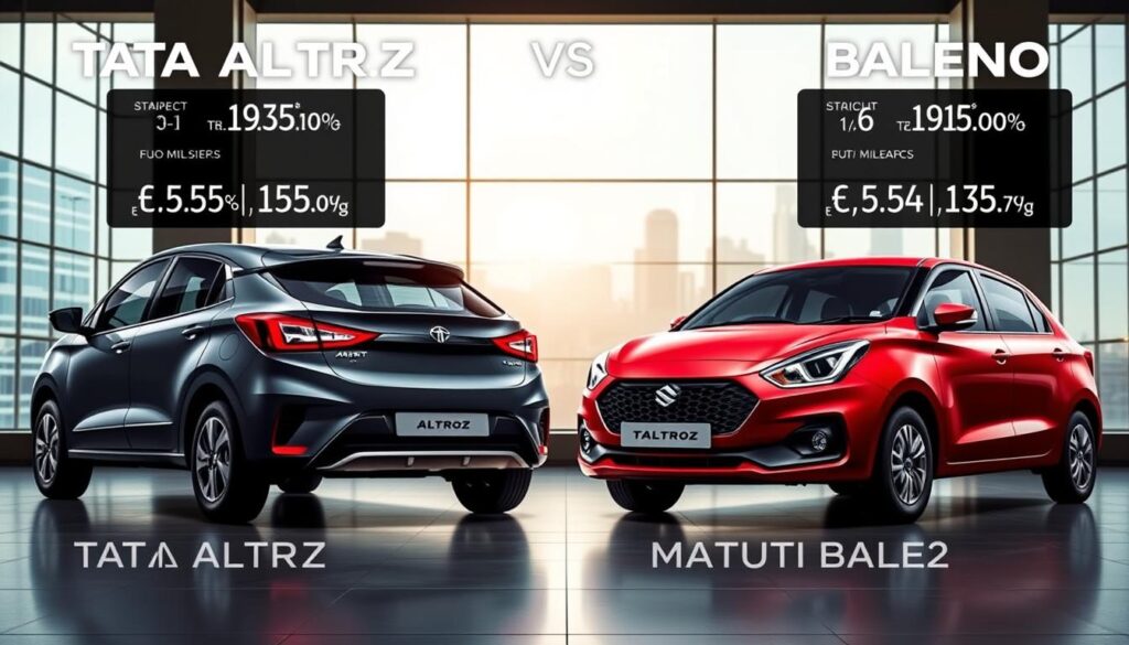 A detailed side-by-side comparison of the fuel efficiency of the Tata Altroz and Maruti Baleno hatchbacks, set against a realistic automotive backdrop. The foreground features the two vehicles parked in a well-lit showroom, their sleek profiles emphasized by dramatic lighting and camera angles. The midground showcases detailed technical specs and mileage figures displayed on digital screens, inviting the viewer to closely examine the data. The background depicts a cityscape through large panoramic windows, suggesting the real-world driving conditions where fuel efficiency matters most. The overall mood is one of informed, data-driven decision making, guiding the viewer towards the optimal hatchback choice.