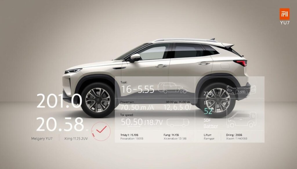 A detailed technical illustration of the Xiaomi YU7 electric SUV's performance specifications, rendered in a clean, minimalist style. The foreground showcases the vehicle's key metrics like horsepower, acceleration, and top speed, presented against a muted background featuring an angled front-side view of the YU7 in a neutral color. The middle ground includes technical diagrams and charts highlighting the powertrain, battery, and driving range details. The background subtly implies an industrial or engineering setting, with a sense of precision and attention to detail. Lighting is soft and directional, emphasizing the technical focus. The overall mood is one of informative clarity, suitable for an automotive technical reference.