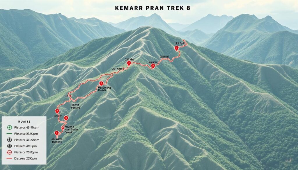 A detailed topographical map of the Kumara Parvatha trek, showcasing the distance breakdown along the route. The map should have a clean, modern aesthetic with a muted color palette, featuring distinct trail markers, elevation contours, and distance indicators. The middle ground should highlight the key landmarks, campsite locations, and trail difficulty levels. The background should depict the lush, forested terrain of the Western Ghats, with subtle shadows and lighting to create depth and atmosphere. The overall composition should convey a sense of adventure and exploration, inviting the viewer to visualize the journey ahead.