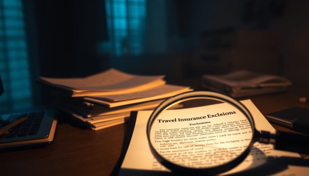 A dimly lit office desk, partially obscured by a stack of documents and forms. In the foreground, a magnifying glass hovers over a section titled "Travel Insurance Exclusions", the text barely legible. The background is hazy, with a sense of unease and uncertainty. Soft, warm lighting casts deep shadows, creating an atmosphere of careful scrutiny and cautious deliberation. The overall scene evokes the meticulous examination of the fine print, the search for hidden clauses that could impact a traveler's coverage.