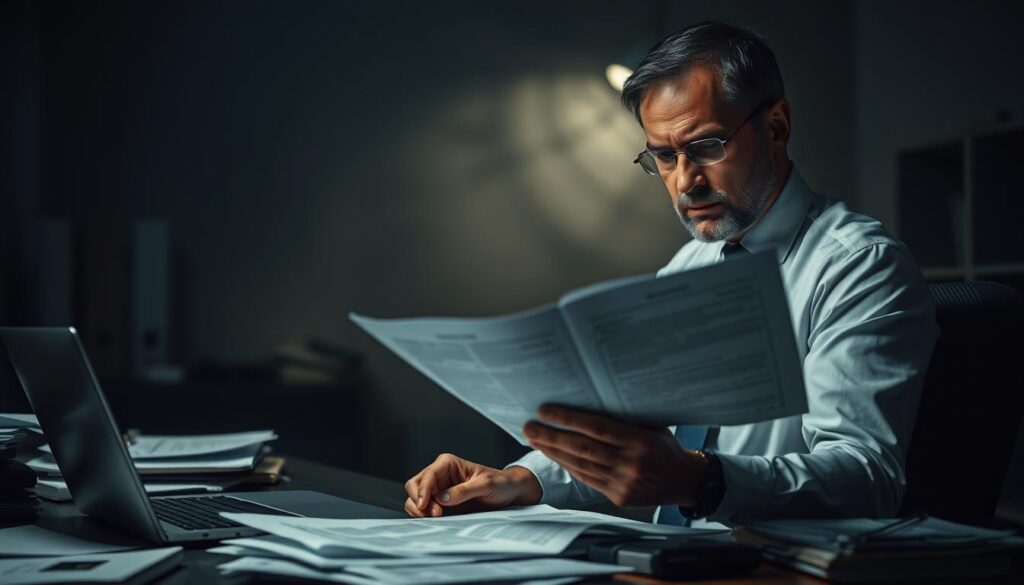 A dimly lit office setting, with a businessman sitting at a cluttered desk, surrounded by documents and a laptop. The background is hazy, suggesting a pensive and contemplative mood. The man's expression is one of concern, as he reviews the fine print of a trekking insurance policy, highlighting the key exclusions that could leave travelers vulnerable during their adventures. The lighting is soft and moody, creating a sense of unease and uncertainty. The overall composition conveys the importance of understanding the limitations and fine print of trekking insurance policies before embarking on a journey.