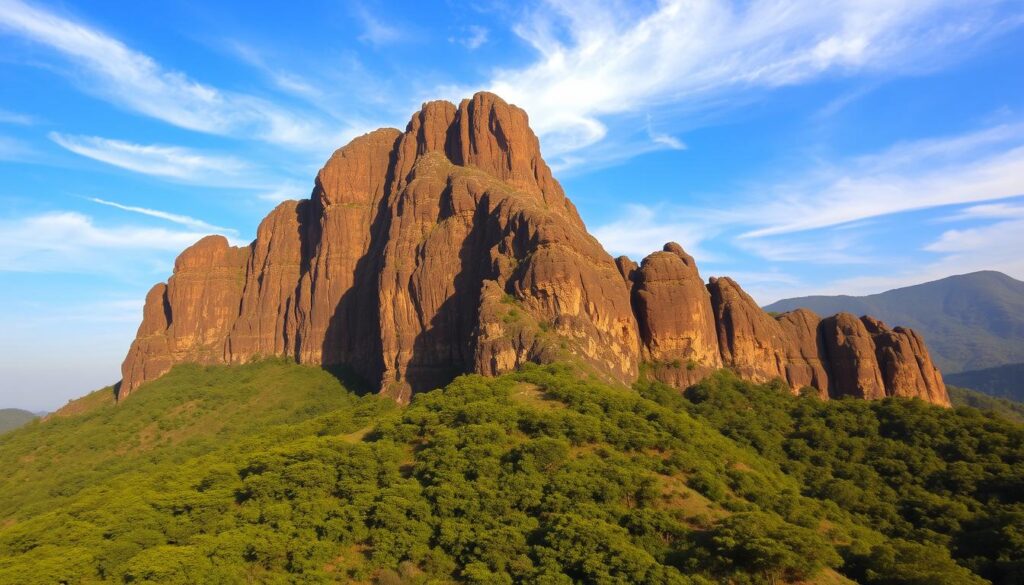 A dramatic, sun-kissed vista of the iconic Konkan Kada, the dramatic rock formation that crowns the majestic Harishchandragad hilltop. The steep, jagged cliffs rise dramatically against a backdrop of boundless blue sky, with wispy clouds drifting overhead. In the foreground, lush green forests and rugged terrain lead the eye towards the towering, weathered stone, its layers and crevices sculpted by the elements over centuries. The warm, golden light bathes the scene, casting dramatic shadows and highlighting the textural details of the rock face. A sense of ancient grandeur and natural splendor pervades the image, inviting the viewer to explore this remarkable natural wonder.