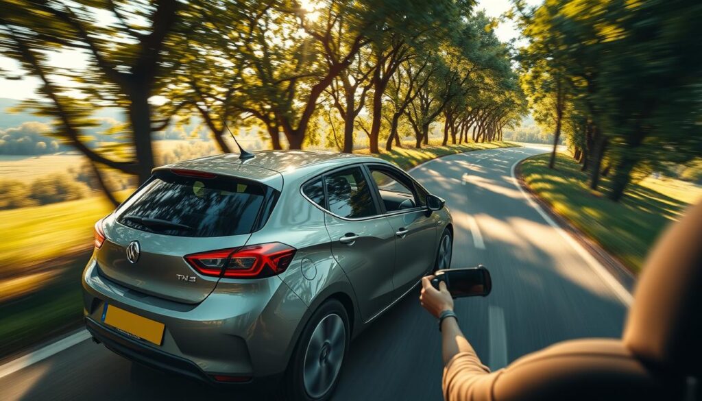 A dynamic, high-angle view of a hatchback vehicle navigating a winding, tree-lined country road. Sunlight filters through the lush foliage, casting a warm, natural glow on the car's sleek, glossy exterior. The vehicle's suspension effortlessly absorbs the undulations of the road, providing a smooth, controlled ride quality. The driver's hands are firmly gripping the steering wheel, conveying a sense of confidence and precision in handling the vehicle. The background is a blurred, idyllic landscape, emphasizing the car's smooth, responsive behavior on the road.