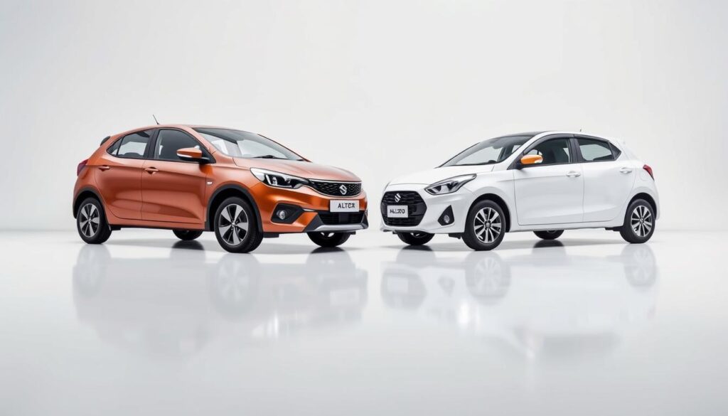 A dynamic side-by-side comparison of the Tata Altroz and Maruti Suzuki Baleno hatchbacks, captured in a well-lit studio setting with subtle reflections on a glossy white backdrop. The cars are positioned at a slight angle, showcasing their distinct profiles and design elements in crisp detail. Subtle highlights accentuate the curves and contours, while soft shadows create depth and dimension. The lighting is soft and evenly distributed, lending a sense of balance and clarity to the scene. The overall mood is one of objectivity and analysis, inviting the viewer to closely examine the pricing and value proposition of these two popular hatchback models.