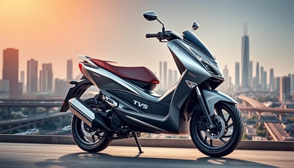 A futuristic CNG-powered scooter by TVS Motor Company, illuminated by warm hues of sunlight and set against a backdrop of a bustling city skyline. The sleek, aerodynamic design features bold, angular lines, chrome accents, and a prominent TVS logo. The scooter is positioned in the foreground, capturing its impressive presence and attention to detail. The middle ground showcases the urban landscape, with towering skyscrapers, bridges, and transportation infrastructure, hinting at the challenges of integrating CNG vehicles into a modern, congested environment. The background is slightly hazy, creating a sense of depth and atmosphere, emphasizing the technological advancements and environmental considerations surrounding this innovative CNG scooter model.
