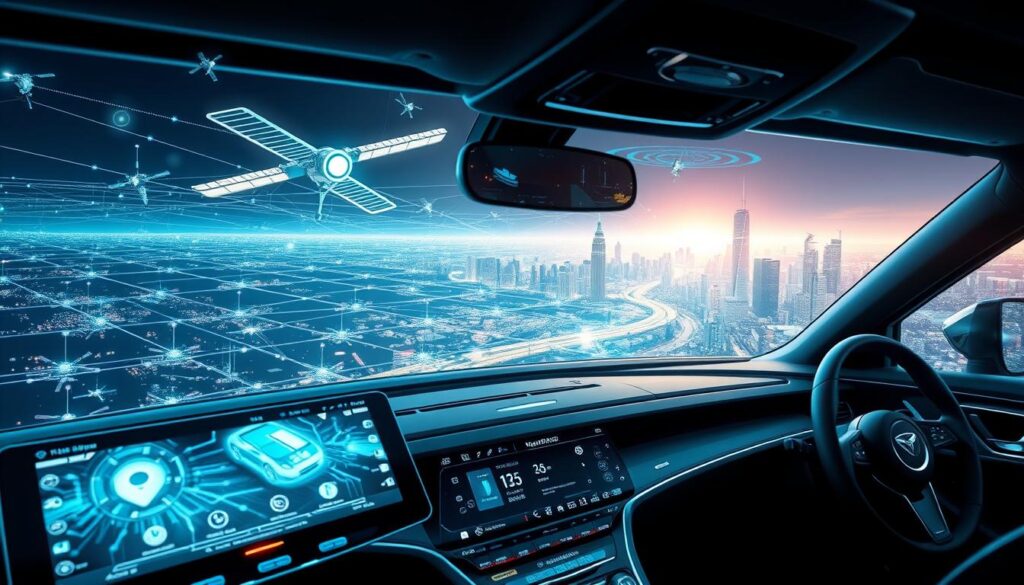 A futuristic, highly interconnected technological landscape, with sleek, seamless devices and displays seamlessly integrated into a dynamic, responsive environment. In the foreground, a cutting-edge vehicle interface showcases advanced infotainment, navigation, and connectivity features, with intuitive touch controls and holographic projections. The middle ground features a dense network of data cables, satellites, and relay stations, conveying a sense of global information exchange. In the background, a city skyline shimmers with the glow of intelligent buildings, smart infrastructure, and ubiquitous wireless connectivity. Crisp, high-contrast lighting and a cool, metallic color palette evoke a sense of precision, efficiency, and modernity.