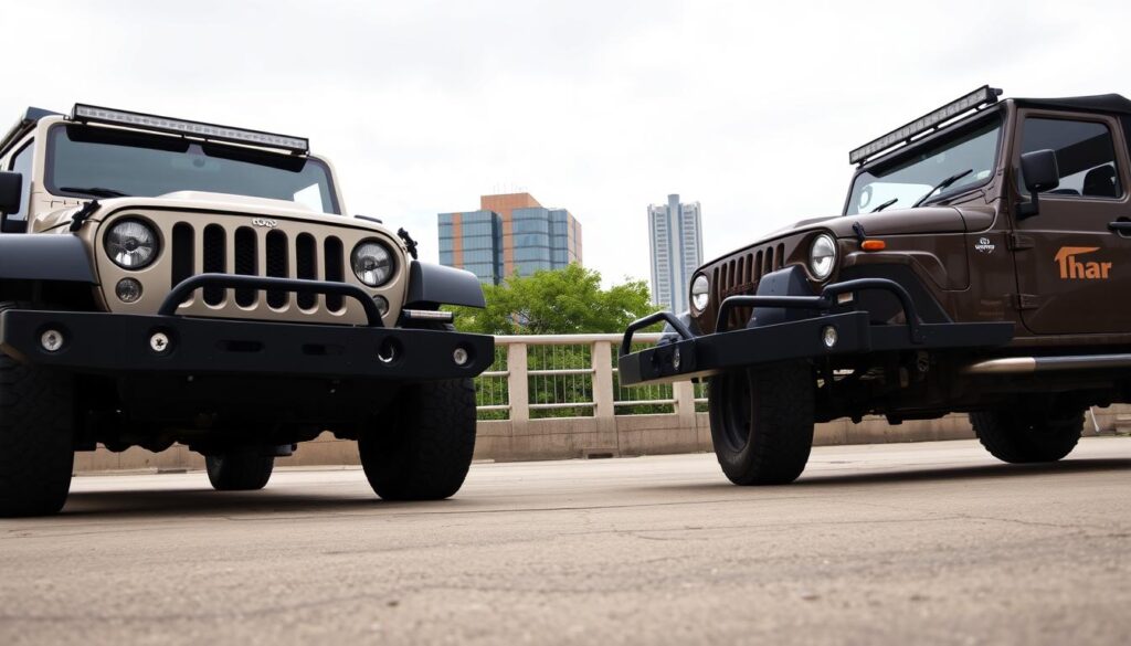 A high-angle, wide-angle shot of the Force Gurkha and Mahindra Thar 4x4 vehicles side-by-side in an urban setting, with a slightly overcast sky in the background. The Gurkha and Thar are meticulously detailed, showcasing their distinctive off-road capabilities, rugged designs, and prominent front grilles. The lighting is natural, slightly dramatic, highlighting the textures and contours of the vehicles. The scene conveys a sense of comparison and competition between the two formidable 4x4 models, set against the backdrop of a modern city landscape.