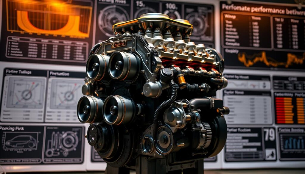 A high-performance diesel engine, its powerful pistons and crankshaft visible, set against a backdrop of technical diagrams and charts displaying performance specifications. The engine is illuminated by warm, directional lighting, emphasizing the intricate engineering and mechanical details. The scene conveys a sense of precision, efficiency, and raw power, suitable for illustrating the "Power and Performance Specifications" section of the article on the Force Gurkha 4x4 car.
