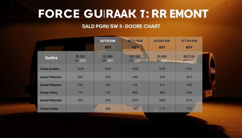 A high-quality comparison chart showcasing the pricing and key details of the various Force Gurkha 5-door variants. The chart is set against a sleek, modern backdrop, with the Gurkha's bold, rugged silhouette visible in the foreground. The lighting is warm and directional, highlighting the vehicle's distinct design elements. The chart itself is presented in a clean, organized layout, with clear, legible text and intuitive icons conveying the critical information. The overall mood is one of professionalism and authority, reflecting the subject matter's significance in the article's "Pricing, Variants, and Value for Money" section.