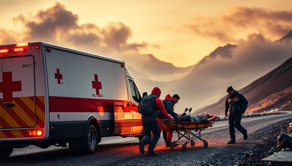 A large emergency medical van with flashing lights parked on a mountain road, surrounded by rugged terrain and snow-capped peaks. The van's side panel features a prominent Red Cross emblem. In the foreground, a team of professional paramedics rush to provide aid to an injured trekker lying on a stretcher. Warm, diffused lighting illuminates the scene, conveying a sense of urgency and compassion. The background is hazy and atmospheric, with wispy clouds drifting across the sky. The composition emphasizes the scale and isolation of the remote location, highlighting the importance of reliable trekking insurance in such environments.