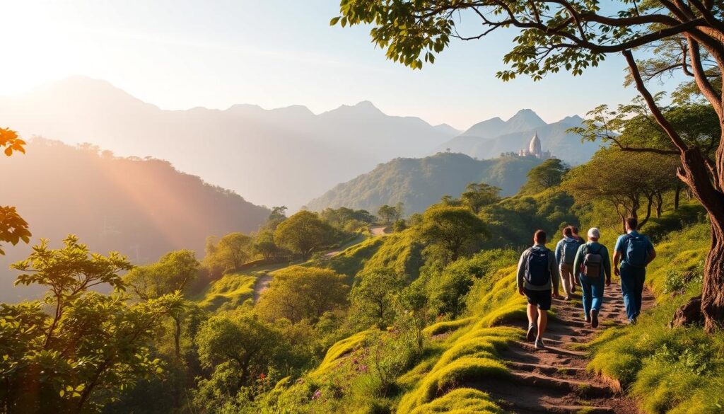 A lush, verdant landscape with the towering peaks of the Sahyadri range in the background. In the foreground, a winding trail winds through a dense, mossy forest, dotted with vibrant wildflowers. Warm, golden sunlight filters through the canopy, casting a gentle glow over the scene. A group of hikers, dressed in lightweight hiking gear, navigate the path, their faces filled with a sense of adventure and wonder. The air is crisp and cool, with a subtle breeze rustling the leaves. In the distance, the iconic Bhimashankar temple can be seen, its ornate architecture standing in contrast to the natural surroundings. The overall mood is one of tranquility and exploration, capturing the essence of the best time to visit this breathtaking trekking destination.
