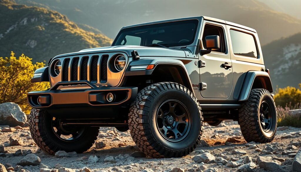 A luxurious Jeep Wrangler off-road vehicle, commanding the attention of the rugged terrain. The sleek, angular body gleams in the soft, golden sunlight, complemented by premium leather upholstery and polished chrome accents. Massive all-terrain tires grip the rocky, uneven ground, while the powerful, lifted suspension confidently tackles steep inclines and treacherous obstacles. In the foreground, the Wrangler's iconic seven-slot grille and piercing headlights project an air of rugged sophistication. The middle ground reveals the vehicle's imposing silhouette, framed by lush, verdant foliage and a dramatic, mountainous backdrop. The overall scene conveys a sense of adventure, luxury, and the Wrangler's uncompromising capability to dominate the most challenging off-road environments.