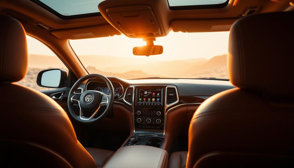 A luxurious interior of a Jeep Grand Cherokee, bathed in warm, soft lighting. The dashboard is adorned with rich, high-quality materials, such as leather, wood, and brushed metal accents. The seats are plush and comfortable, upholstered in supple, caramel-colored leather. The center console features a large, intuitive touchscreen display, seamlessly integrated into the overall design. The ambient lighting casts a subtle glow, creating a relaxing and sophisticated atmosphere. The panoramic sunroof floods the cabin with natural light, complementing the premium materials and craftsmanship. This Jeep Grand Cherokee interior exudes a harmonious blend of rugged capability and elegant refinement.
