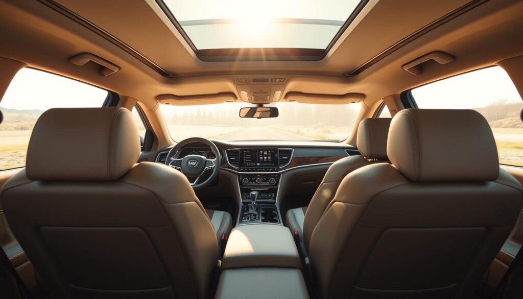 A luxurious seven-seater SUV interior with premium leather upholstery, wood grain accents, and a modern dashboard layout. Bright sunlight streams through the panoramic sunroof, casting a warm glow on the spacious cabin. Sleek, minimalist controls and a large infotainment display dominate the center console. Passengers enjoy ample legroom and headroom in the second and third-row seats. The Jeep Meridian's sophisticated design blends rugged capability with refined sophistication, creating a comfortable and tech-savvy driving experience.