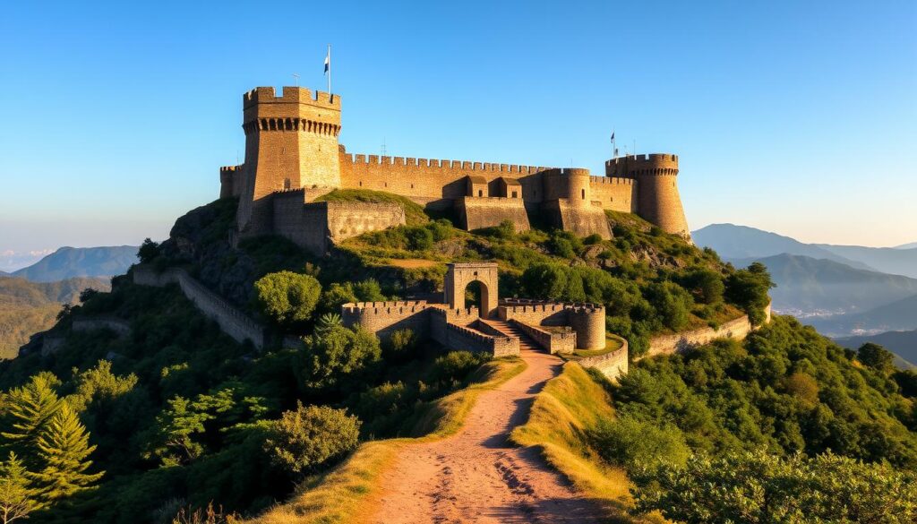 A majestic 15th-century hill fort perched atop a rugged, towering peak against a clear blue sky. The ancient stone walls and sturdy watchtowers stand resolute, their weathered surfaces glowing in the warm afternoon sunlight. In the foreground, a winding dirt path leads up to the imposing main gates, flanked by sturdy bastions. Lush green forests cloak the lower slopes, with distant mountain ranges visible on the horizon. An atmosphere of timeless grandeur and historical significance pervades the scene.