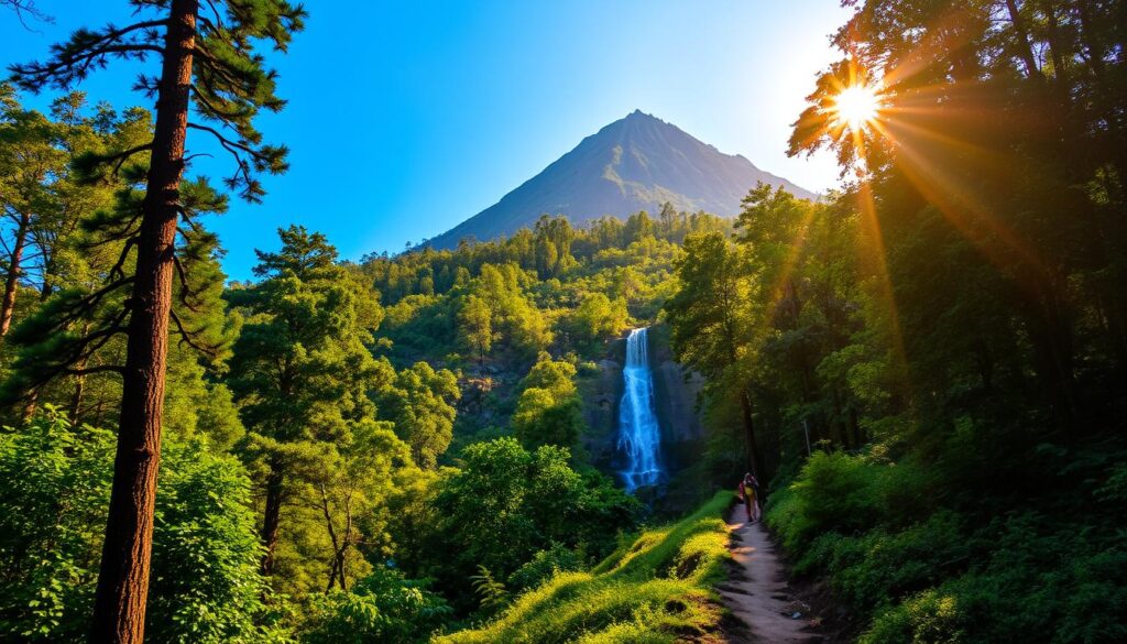 A majestic peak rising against a clear blue sky, its slopes carpeted with lush, verdant foliage. In the foreground, a winding trail meanders through the dense, sun-dappled forest, flanked by towering, ancient trees. Shafts of golden light filter through the canopy, casting a warm, ethereal glow upon the scene. In the middle distance, the trail leads towards a cascading waterfall, its crystalline waters tumbling over rugged, moss-covered rocks. Hikers, dwarfed by the grand, untamed landscape, make their way along the path, capturing the essence of the Kumara Parvatha Trek, the jewel of the Western Ghats. A majestic peak rising against a clear blue sky, its slopes carpeted with lush, verdant foliage. In the foreground, a winding trail meanders through the dense, sun-dappled forest, flanked by towering, ancient trees. Shafts of golden light filter through the canopy, casting a warm, ethereal glow upon the scene. In the middle distance, the trail leads towards a cascading waterfall, its crystalline waters tumbling over rugged, moss-covered rocks. Hikers, dwarfed by the grand, untamed landscape, make their way along the path, capturing the essence of the Kumara Parvatha Trek, the jewel of the Western Ghats.