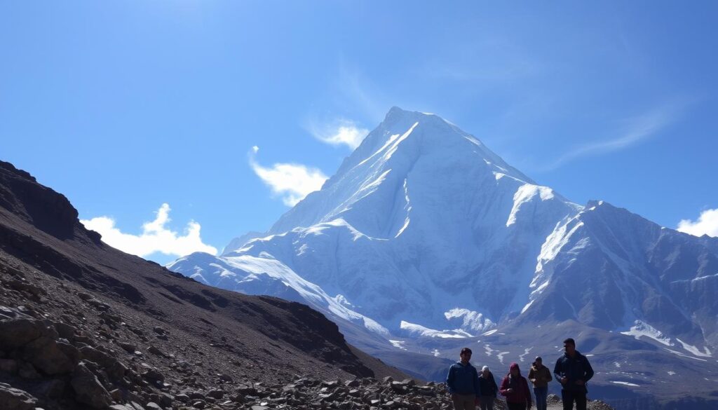 A majestic snow-capped peak rises against a clear azure sky, its slopes adorned with rugged rock formations and winding trails. In the foreground, a group of hikers ascends the path, their faces awed by the grandeur of the sacred Shrikhand Mahadev. Sunlight filters through wispy clouds, casting a warm glow over the scene. The air is crisp and thin, the silence broken only by the crunch of boots on the rocky terrain. As the hikers draw closer to the summit, they feel a sense of reverence and connection to the divine presence that permeates this hallowed place. A majestic snow-capped peak rises against a clear azure sky, its slopes adorned with rugged rock formations and winding trails. In the foreground, a group of hikers ascends the path, their faces awed by the grandeur of the sacred Shrikhand Mahadev. Sunlight filters through wispy clouds, casting a warm glow over the scene. The air is crisp and thin, the silence broken only by the crunch of boots on the rocky terrain. As the hikers draw closer to the summit, they feel a sense of reverence and connection to the divine presence that permeates this hallowed place.