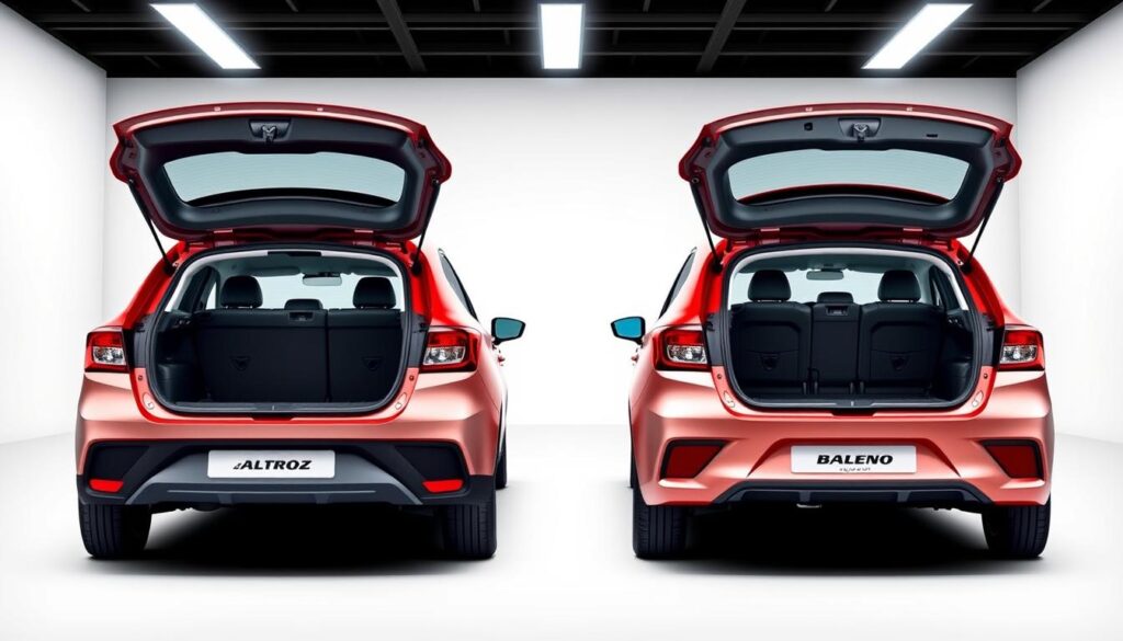 A meticulously designed side-by-side comparison of the boot spaces of the Tata Altroz and Maruti Baleno hatchbacks. The scene is set in a sleek, minimalist studio with crisp lighting and a clean, white backdrop, allowing the vehicles to take center stage. The Altroz and Baleno are positioned at a slight angle, their rear hatches open to reveal the spacious, well-lit interiors of their respective trunks. The scene captures the key dimensions and volumes of the boot spaces, showcasing the practical and functional aspects of these two popular hatchbacks in a visually striking and informative manner.