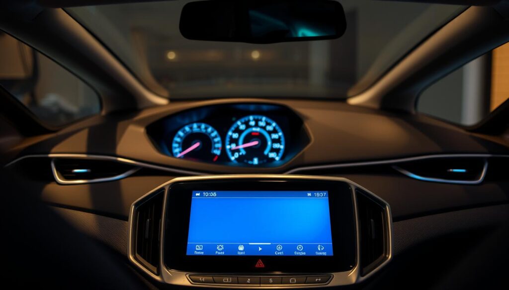A modern, well-lit interior of a hatchback car, showcasing the infotainment system. In the foreground, a sleek, high-resolution touchscreen display dominates the center console, surrounded by metallic trim and physical control buttons. The middle ground features a digital instrument cluster with clear, customizable readouts. In the background, the car's elegant dashboard design and premium upholstery create a sense of luxury and technology. The lighting is soft, warm, and evenly distributed, highlighting the premium materials and the seamless integration of the infotainment features.