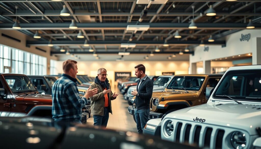 A modern, well-lit showroom interior showcasing various Jeep car models. In the foreground, three customers are intently examining the vehicles, gesturing and engaged in animated discussion. The middle ground features neatly arranged Jeep cars, their sleek, rugged designs catching the eye. The background is softly blurred, with warm, indirect lighting illuminating the scene and creating a welcoming, inviting atmosphere. The overall impression conveys a sense of active customer interest and an immersive, high-quality Jeep shopping experience.