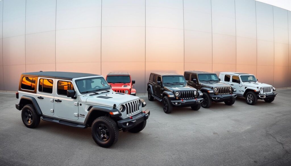 A panoramic view of the 2025 Jeep car lineup, showcased against a sleek, modern backdrop. In the foreground, the latest Wrangler model dominates the scene, its rugged design and iconic silhouette illuminated by warm, natural lighting. Behind it, the refined and luxurious Grand Cherokee stands tall, exuding a sense of premium adventure. In the middle ground, the agile Compass and the family-oriented Renegade models are positioned, their distinct personalities and capabilities on full display. In the distant background, the imposing Gladiator truck and the sophisticated Wagoneer SUV complete the Jeep lineup, creating a harmonious and cohesive visual narrative. The scene is captured with a wide-angle lens, emphasizing the breadth and diversity of the Jeep brand's offerings for the year 2025.
