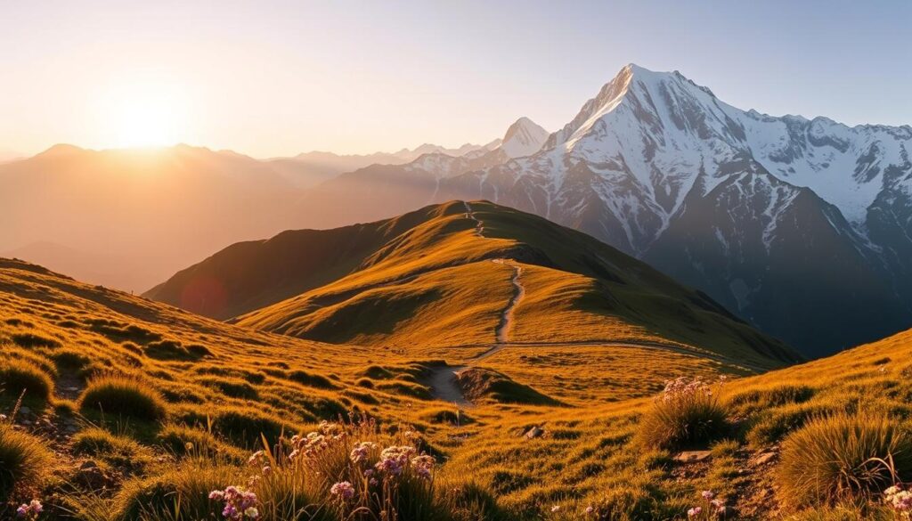 A panoramic view of the Shrikhand Mahadev trek in the Himalayas, with the rugged snow-capped peaks looming in the background. The foreground is dotted with lush alpine meadows and wildflowers, while the middle ground features a winding trail cutting through the terrain. The lighting is soft and golden, casting a warm glow over the scene as the sun dips behind the mountains. The atmosphere is crisp and invigorating, with a light breeze rustling the vegetation. The overall mood is one of tranquility and adventure, perfectly capturing the essence of the best time to visit this renowned trekking destination.
