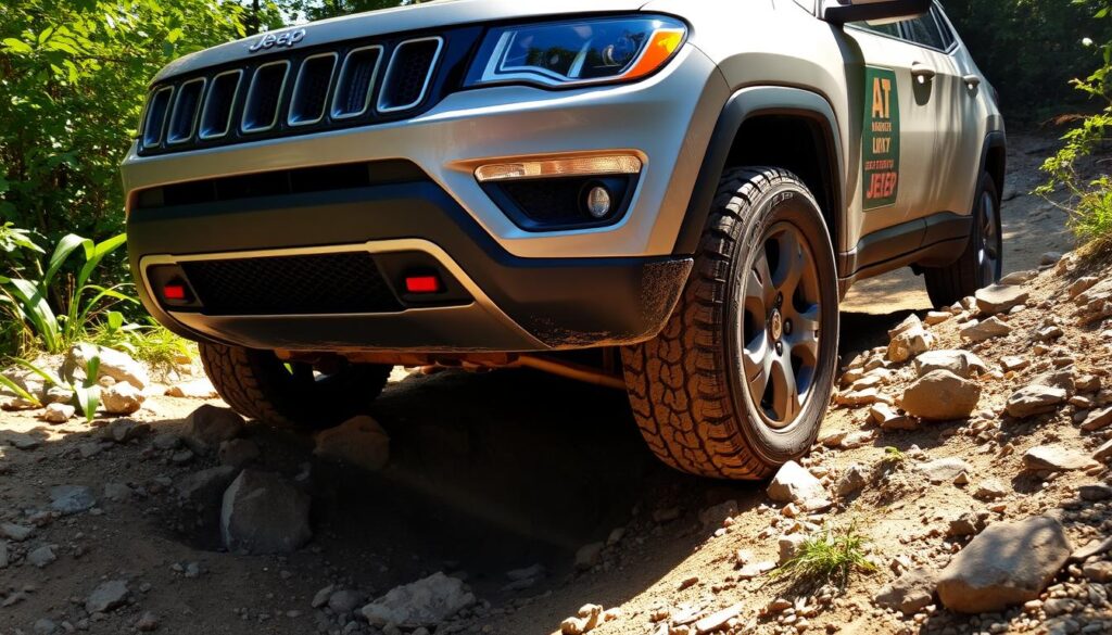 A rugged Jeep Compass navigating through a challenging off-road terrain, its tires gripping the rocky, uneven ground. The SUV's front bumper and skid plates are visible, hinting at its impressive off-road capabilities. Sunlight filters through the surrounding lush vegetation, casting dynamic shadows across the vehicle's exterior. The Compass appears to be making its way up a steep incline, its four-wheel-drive system providing the necessary traction and power. The scene conveys a sense of adventure and the Compass' ability to tackle demanding outdoor environments with confidence and ease.
