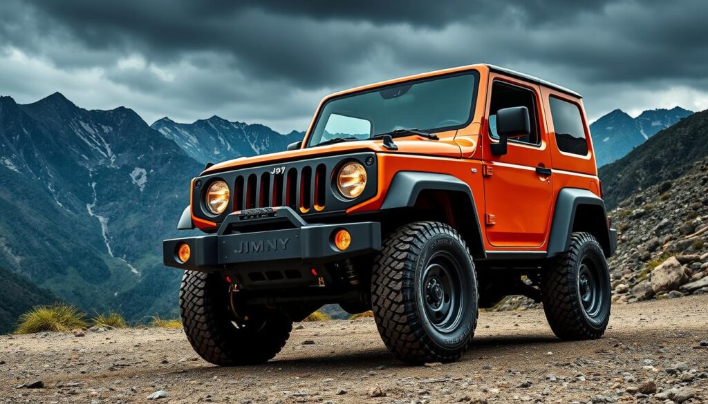 A rugged and boxy exterior design with a distinct retro-inspired aesthetic. The Maruti Jimny stands tall on large all-terrain tires, its squared-off fenders and boxy silhouette conveying an adventurous and capable off-road persona. The front grille features the iconic seven-slat design, flanked by round headlights that emit a warm, focused glow. The side profile showcases the vehicle's short overhangs, high ground clearance, and muscular wheel arches, hinting at its impressive off-road abilities. In the background, a dramatic mountainous landscape sets the stage, with the Jimny positioned prominently in the foreground, ready to tackle any terrain. The overall scene exudes a sense of ruggedness, adventure, and the promise of exploring the great outdoors.