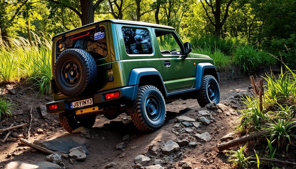A rugged and capable Maruti Jimny 4x4 traversing a challenging off-road terrain, navigating through rocky paths and muddy terrain. The vehicle's boxy silhouette and high ground clearance are prominently featured, showcasing its impressive off-road abilities. Sunlight filters through the trees, casting warm, dynamic shadows on the Jimny's body, emphasizing its robust construction. The surroundings are lush and verdant, with tall grasses and dense foliage in the background, conveying a sense of adventure and exploration. The scene captures the Jimny's agility, stability, and confidence as it tackles the uneven, off-road landscape with ease, reflecting its exceptional off-road capabilities.