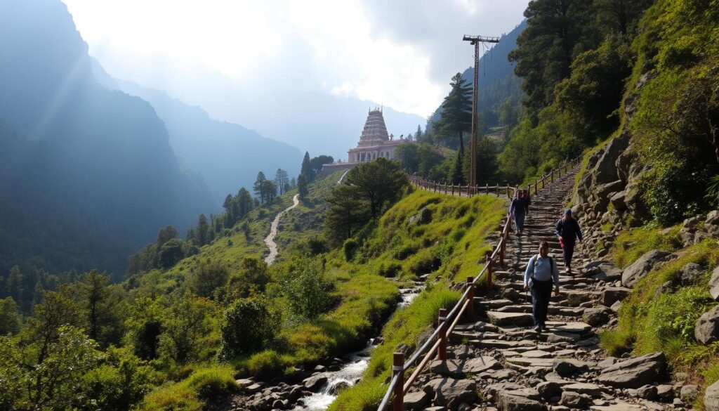 A rugged mountain trail winds through a lush, verdant landscape, flanked by towering peaks and ancient forests. Sunlight filters through the canopy, casting a warm glow over the rocky path and the babbling brook that runs alongside it. In the distance, the majestic Bhimashankar temple stands proudly, its ornate architecture a testament to the region's rich cultural heritage. Hikers traverse the trail, their backpacks and hiking gear a testament to the challenges and rewards of this iconic trek. The scene exudes a sense of adventure and exploration, inviting the viewer to embark on a journey through the breathtaking natural wonder of the Bhimashankar region.