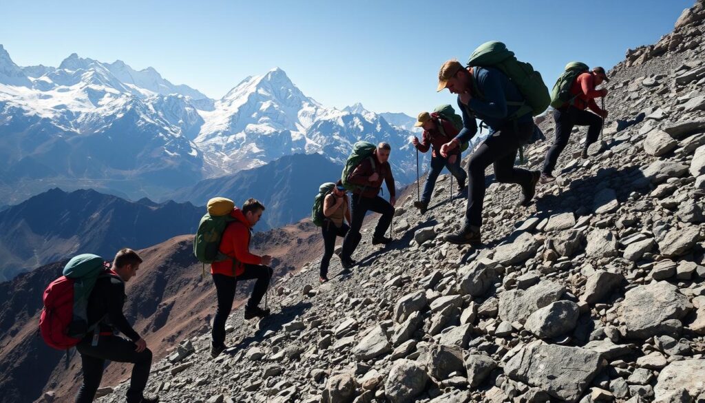 A rugged, mountainous landscape with snow-capped peaks looming in the distance. In the foreground, a group of trekkers engaged in intensive training exercises, their faces determined and focused. They are scaling a steep, rocky incline, their backpacks heavy with gear, testing their endurance and agility. The lighting is crisp and natural, casting dramatic shadows across the terrain. The atmosphere is one of challenge and preparation, with the trekkers honing their skills for the demanding journey ahead. The camera angle is set at a slight upward tilt, emphasizing the scale and grandeur of the surrounding environment.