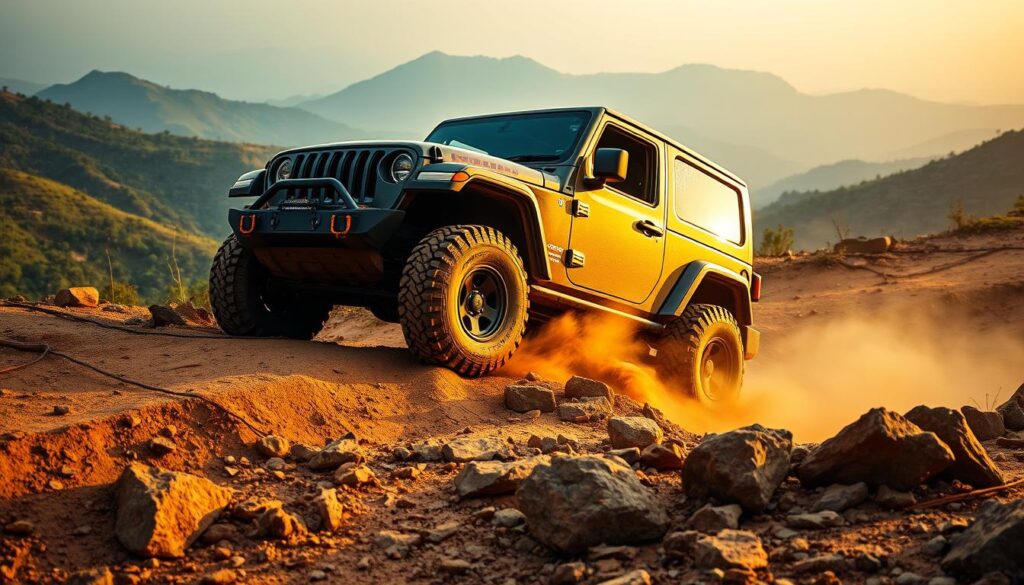 A rugged, off-road-ready Jeep navigating through a challenging terrain in the heart of India. The vehicle's large all-terrain tires kick up dust as it climbs over rocky inclines, its powerful engine and capable 4x4 system effortlessly tackling the uneven, muddy ground. In the background, lush green hills and a hazy sky create a sense of remote, untamed wilderness. Warm, natural lighting casts dramatic shadows, highlighting the Jeep's bold, angular design and robust, adventure-ready features. The scene conveys the Jeep's exceptional off-road capabilities and its suitability for India's diverse landscapes.