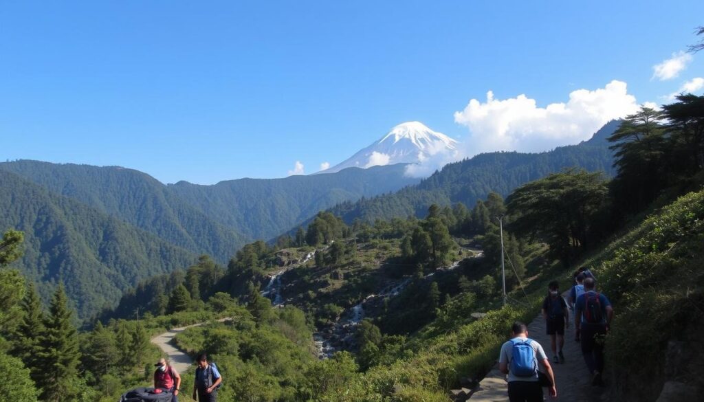 A scenic mountain trail winding through lush, verdant forests, with a clear blue sky overhead. In the foreground, a group of hikers traverse the path, their backpacks and hiking gear visible. The middle ground showcases the rugged, rocky terrain, with the occasional stream or waterfall cascading down the slopes. In the distance, the majestic peak of Bhimashankar looms, its summit shrouded in wispy clouds. The lighting is soft and natural, casting warm, golden hues across the scene. The overall atmosphere is one of adventure, exploration, and the beauty of the great outdoors.