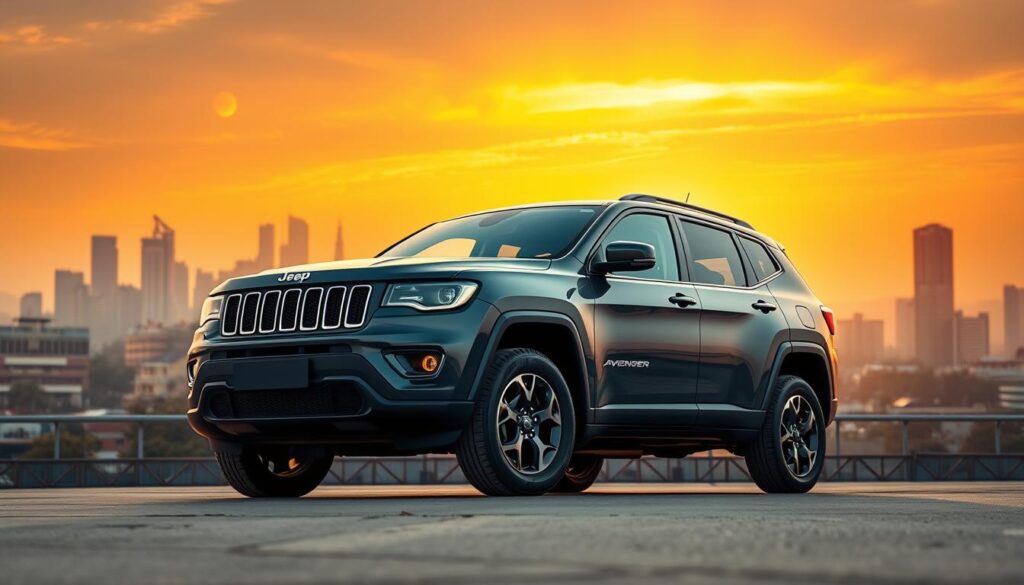 A sleek and dynamic Jeep Avenger SUV positioned in the foreground, showcasing its bold and rugged design. The vehicle is captured from a low angle, emphasizing its powerful presence. The middle ground features a bustling urban landscape with modern skyscrapers and infrastructure, hinting at the Avenger's suitability for both city and off-road environments. The background is filled with a vibrant, golden-hour sky, casting a warm and inviting glow over the scene. The lighting is soft and directional, creating depth and highlighting the Avenger's sharp lines and distinctive Jeep grille. The overall atmosphere conveys a sense of excitement and anticipation for the upcoming Jeep model in the Indian market.