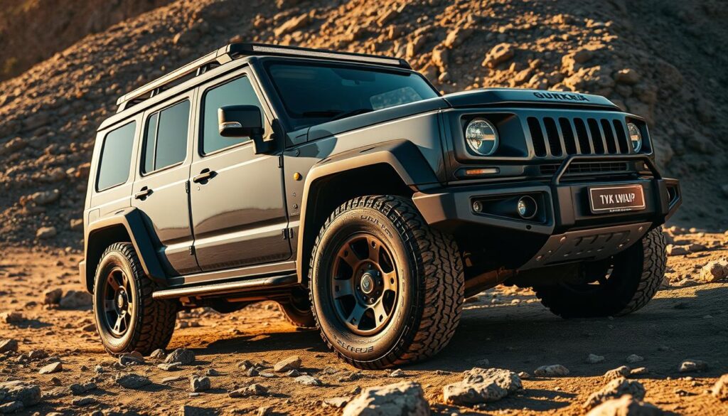 A sleek, heavily muscular 4x4 vehicle rests on a rugged, sun-dappled terrain, its bold design and striking grille commanding attention. Close-up shots showcase the vehicle's intricate detailing, from its sturdy off-road tires to its rugged side panels and integrated roof rack. The lighting is warm and natural, casting dynamic shadows that highlight the Gurkha's powerful presence. The angle is slightly elevated, allowing the viewer to appreciate the vehicle's imposing stance and capable demeanor. An air of adventure and exploration permeates the scene, hinting at the Gurkha's versatility and performance capabilities.