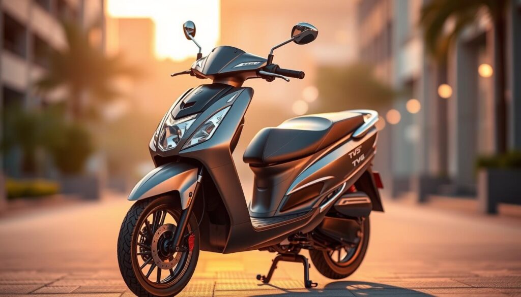 A sleek, metallic TVS Jupiter CNG scooter stands in a well-lit urban setting. The scooter's aerodynamic silhouette and chrome accents catch the eye, hinting at its modern design and advanced CNG powertrain. The foreground is in sharp focus, showcasing the scooter's distinctive features, while the background is softly blurred, creating a sense of depth and emphasizing the subject. Warm, golden lighting casts a subtle glow, suggesting a comfortable, inviting atmosphere. The image conveys a sense of contemporary style and the scooter's potential to meet the practical needs of urban commuters, reflecting the market's response to this innovative CNG-powered mobility solution.
