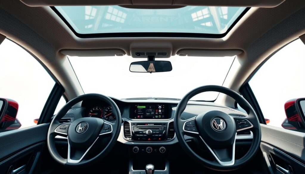 A sleek, modern hatchback interior with a focus on safety features. The dashboard displays a digital instrument cluster and advanced infotainment system, with prominent airbag warning lights. The steering wheel features intuitive controls for driver assistance technologies. In the foreground, the center console showcases various safety toggles and buttons, including traction control, electronic stability, and blind spot monitoring. The middle ground features a panoramic sunroof, providing an abundance of natural light. The background depicts the exterior of the vehicle, with clean lines and a streamlined silhouette, conveying a sense of security and protection.