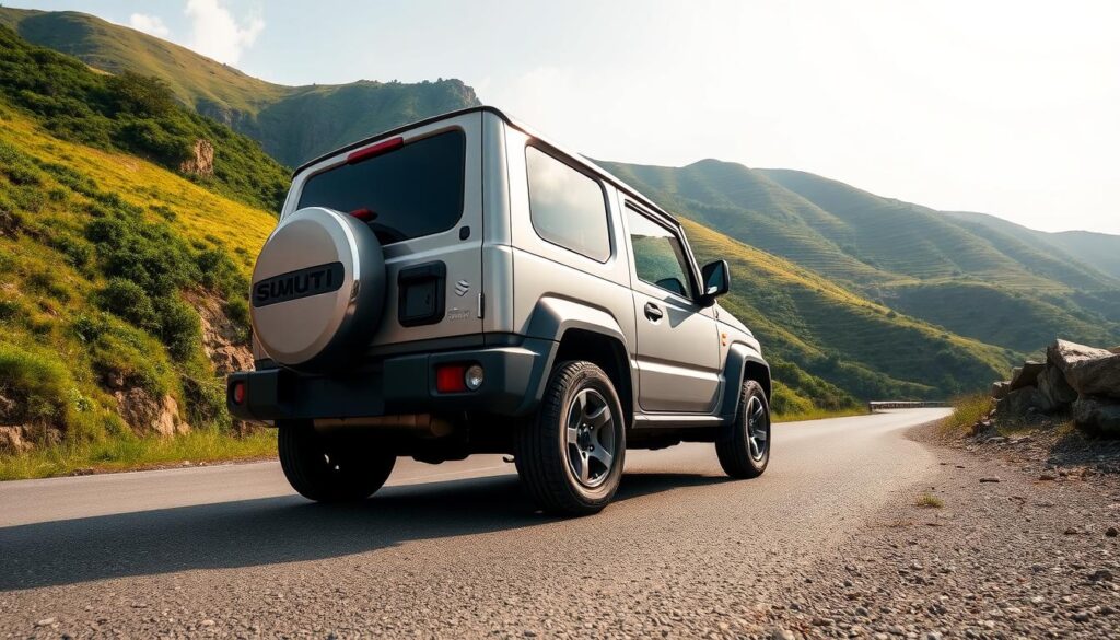 A sleek, silver Maruti Suzuki Jimny compact SUV parked on a winding mountain road, surrounded by lush, verdant hills and a clear blue sky. The Jimny's compact frame is prominently displayed, highlighting its rugged, off-road-ready design. The lighting is natural and diffused, creating a warm, inviting atmosphere. The camera angle is low, emphasizing the Jimny's sturdy stance and muscular presence. The scene conveys the Jimny's exceptional fuel efficiency and mileage, with the vehicle seamlessly blending into the picturesque natural setting.