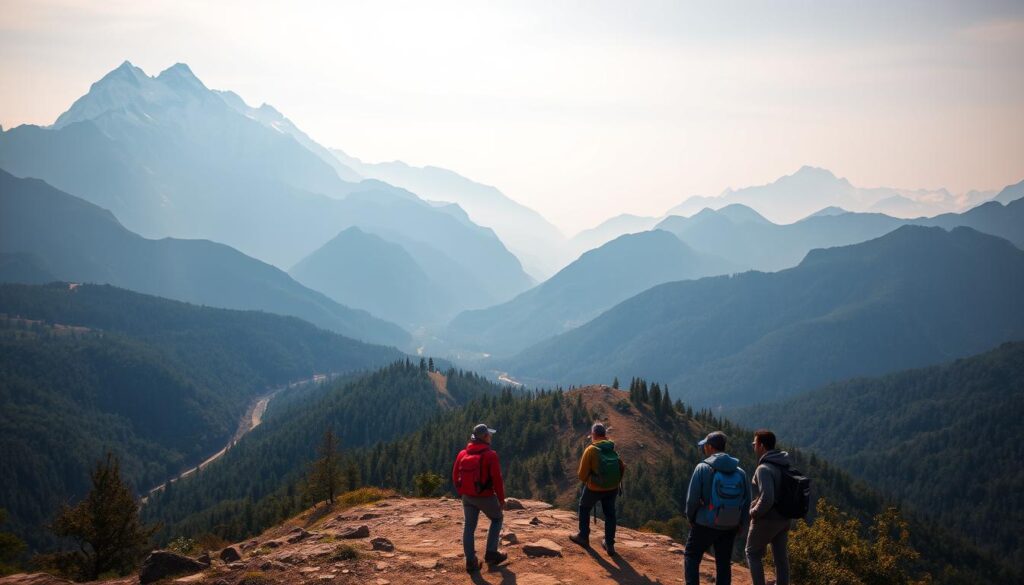 A sweeping vista of majestic mountain peaks reaching towards the sky, their snow-capped summits glowing in the soft morning light. In the middle ground, rugged trails wind through lush, verdant forests, inviting hikers to explore the rugged beauty of Maharashtra's high country. In the foreground, a group of adventurous trekkers pauses to take in the breathtaking panorama, their backpacks and hiking gear suggesting a journey through this awe-inspiring landscape. The scene is bathed in a warm, golden hue, creating an atmosphere of serenity and wonder, capturing the essence of Maharashtra's most exhilarating high treks.