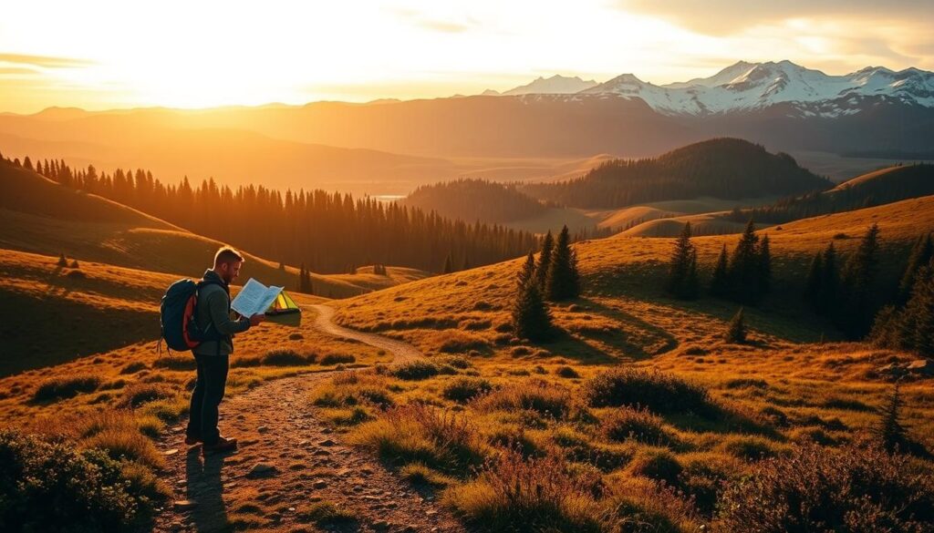 A tranquil landscape with rolling hills and a winding path leading through a serene forest. In the foreground, a hiker stands consulting a map, their backpack and trekking gear visible. The middle ground features a small campsite with a tent and a crackling fire, surrounded by lush vegetation. In the distance, majestic snow-capped mountains rise against a vibrant, golden-hued sky. The scene is illuminated by warm, directional lighting, creating long shadows and a sense of depth and atmosphere. The overall mood is one of adventure, exploration, and the importance of trekking insurance to protect the journey.