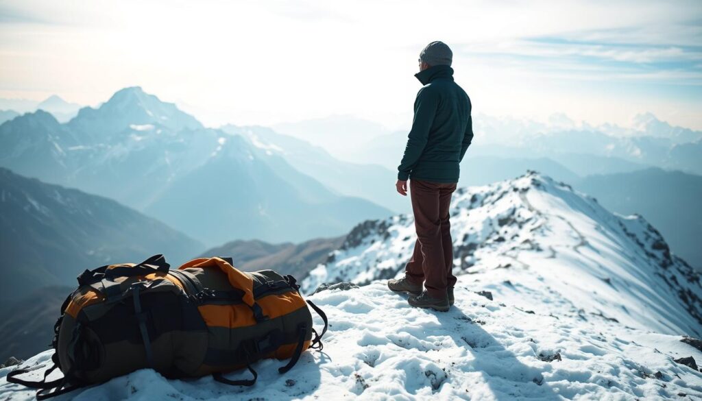 A trekker standing atop a snow-capped Himalayan peak, gazing out at the vast mountain range. In the foreground, a backpack and hiking gear lie on the ground, symbolizing the essential equipment needed for a safe and successful trek. The lighting is soft and diffused, creating a serene and contemplative atmosphere. The camera angle is slightly elevated, allowing the viewer to take in the grandeur of the landscape. In the background, a winding path leads down the mountain, suggesting the journey that lies ahead. The overall scene conveys the importance of proper preparation and protection, emphasizing the need for trek insurance to safeguard adventurers against the risks inherent in Himalayan adventures. A trekker standing atop a snow-capped Himalayan peak, gazing out at the vast mountain range. In the foreground, a backpack and hiking gear lie on the ground, symbolizing the essential equipment needed for a safe and successful trek. The lighting is soft and diffused, creating a serene and contemplative atmosphere. The camera angle is slightly elevated, allowing the viewer to take in the grandeur of the landscape. In the background, a winding path leads down the mountain, suggesting the journey that lies ahead. The overall scene conveys the importance of proper preparation and protection, emphasizing the need for trek insurance to safeguard adventurers against the risks inherent in Himalayan adventures.
