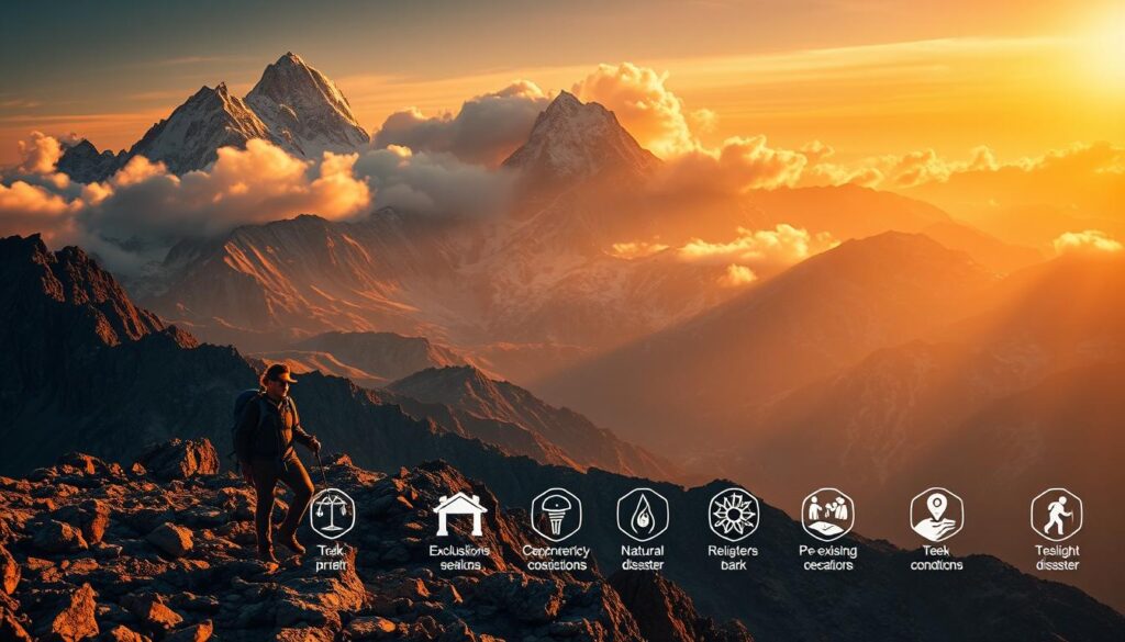 A vast mountain range, its peaks piercing the clouds, serves as the backdrop for an intricate tapestry of exclusions and limitations. In the foreground, a trekker navigates a treacherous path, their gaze fixed on the fine print of an insurance policy, illuminated by a warm, golden light that casts long shadows across the rugged terrain. The middle ground features a series of icons and symbols, each representing the potential risks and uncertainties that trek insurance policies seek to address, from natural disasters to pre-existing conditions. The overall composition conveys a sense of caution and vigilance, underscoring the importance of understanding the fine print when embarking on a trek.