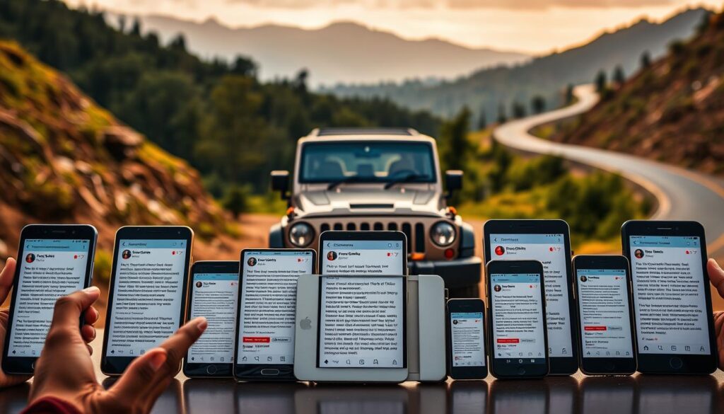 A vibrant collection of real-world user reviews for the Force Gurkha 4x4 car, capturing the diverse perspectives and experiences of owners. In the foreground, a row of smartphones and tablets displays vivid testimonials, their screens lit by warm, natural lighting. The middle ground features a meticulously detailed Force Gurkha, its rugged exterior and capable off-road features highlighted. In the background, a scenic landscape showcases the vehicle's versatility, with mountains, forests, and a winding road suggesting the Gurkha's ability to tackle challenging terrain. The overall mood conveys a sense of authenticity, reliability, and the joy of driving this dynamic, Indian-made 4x4.