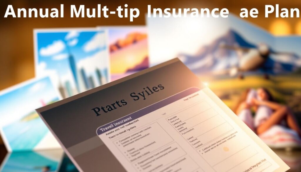 A vibrant, visually striking image of an "Annual Multi-trip Travel Insurance Plan". In the foreground, a sleek, modern travel document with a metallic finish, reflecting the high-quality and reliable nature of the insurance plan. Surrounding it, a collage of travel imagery - a picturesque cityscape, a serene beach, and a majestic mountain landscape, conveying the wide coverage and protection offered by the plan. The background is softly blurred, creating a sense of depth and focus on the key element. Warm, natural lighting illuminates the scene, giving it an inviting and trustworthy atmosphere. The overall composition is balanced and visually appealing, reflecting the comprehensive and dependable nature of the "Annual Multi-trip Travel Insurance Plan".